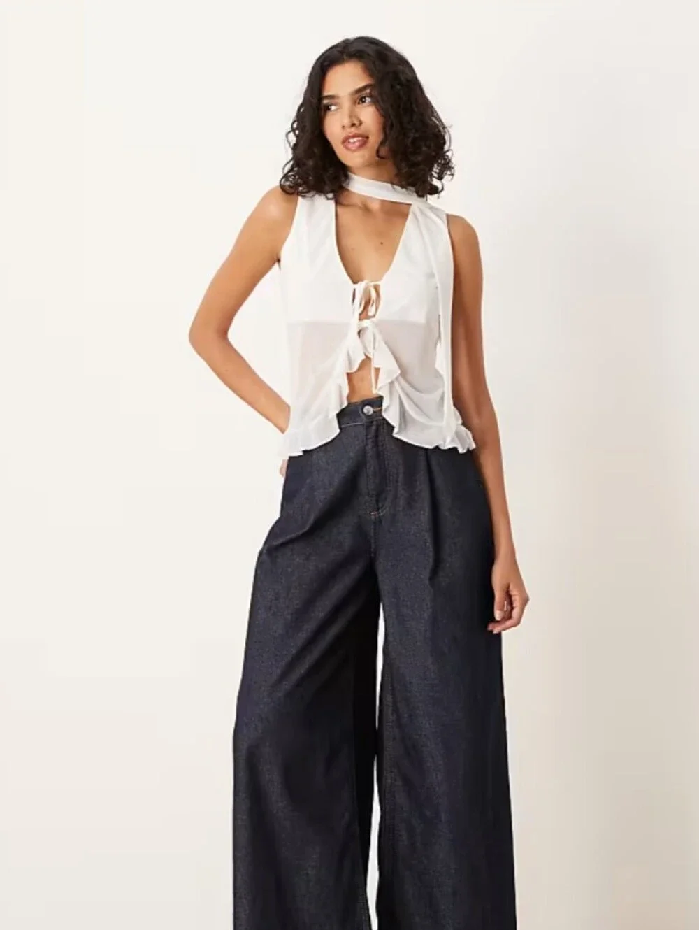 ASOS Design Ivory Ruffle Vest Top w/ Scarf Tie-Front Sz Medium Romantic Glam - Picture 2 of 7